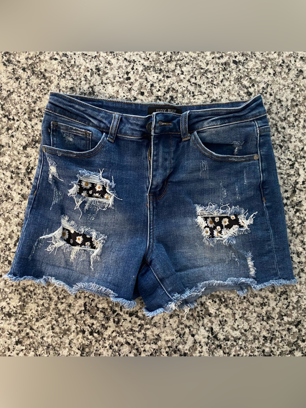 Judy Blue Dark Blue Distressed Denim Shorts with Daisy Patch